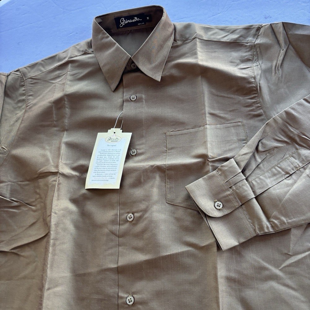 Shinawatra 100% Thai Silk Dress Shirt‎ Mens Medium NWT Brown Long Sleeve Formal